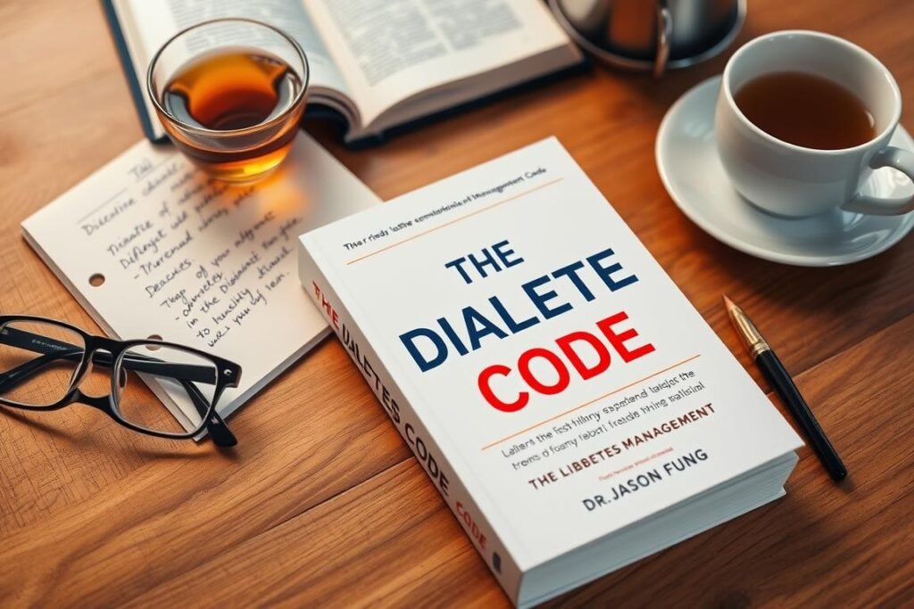 Cover of The Diabetes Code book by Dr. Jason Fung on a desk with reading glasses and a notepad