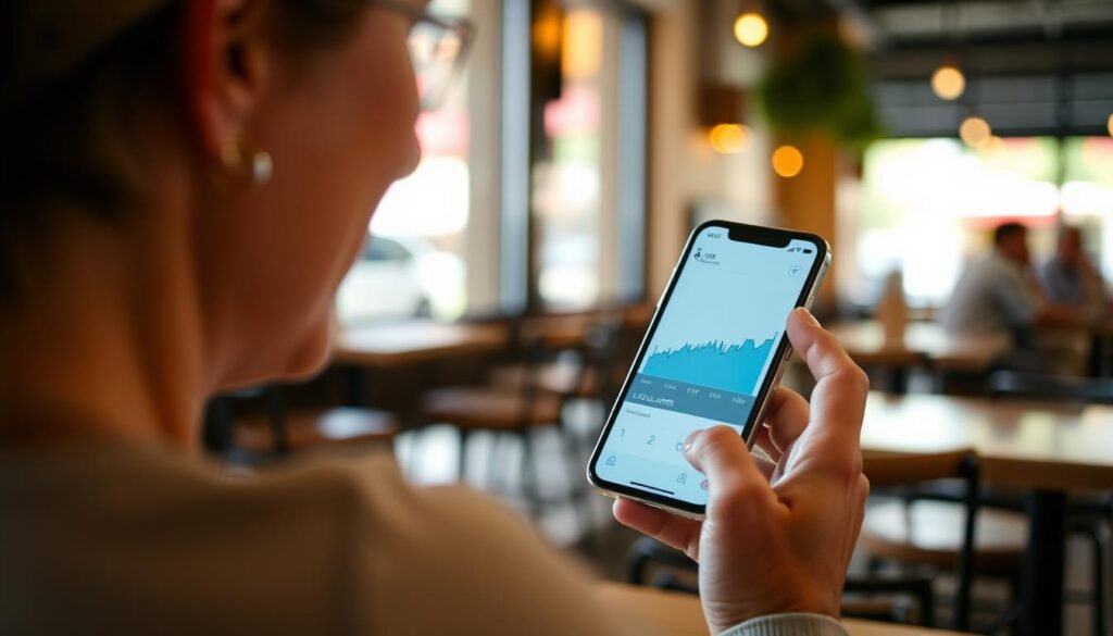 Person checking glucose levels on smartphone app while going about daily activities Person checking glucose levels on smartphone app while going about daily activities