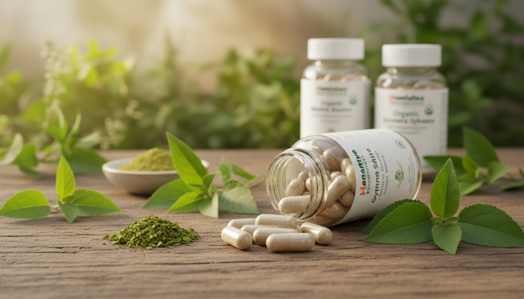 Himalaya Organic Gymnema Sylvestre capsules and fresh green leaves on a wooden table — herbal supplement for metabolic and blood sugar support