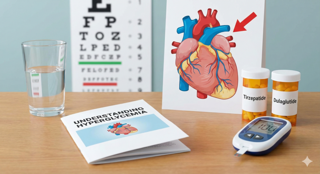 Tirzepatide Matches Dulaglutide for Type 2 Diabetes Heart Outcomes 2 A still life photograph on a wooden table shows several medical items. On the left is a glass of water and a brochure titled "UNDERSTANDING HYPERGLYCEMIA" with a heart diagram on its cover. Behind the brochure is a stand-up illustration of a human heart with a red arrow pointing to a blood vessel. To the right are two prescription pill bottles labeled "Tirzepatide" and "Dulaglutide," and a blood glucose meter displaying a reading of "108 mg/dL" with a test strip inserted. In the blurred background, an eye chart is partially visible.