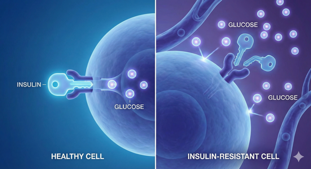 Diagrama médico que compara una célula sana que absorbe glucosa con una célula resistente a la insulina que repele la glucosa.