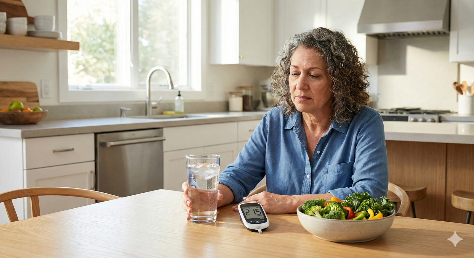 High Blood Sugar Symptoms: A Complete Guide to Feeling Better 2 A middle-aged adult holding a glass of water while checking a blood glucose meter showing a high sugar reading to identify hyperglycemia symptoms.