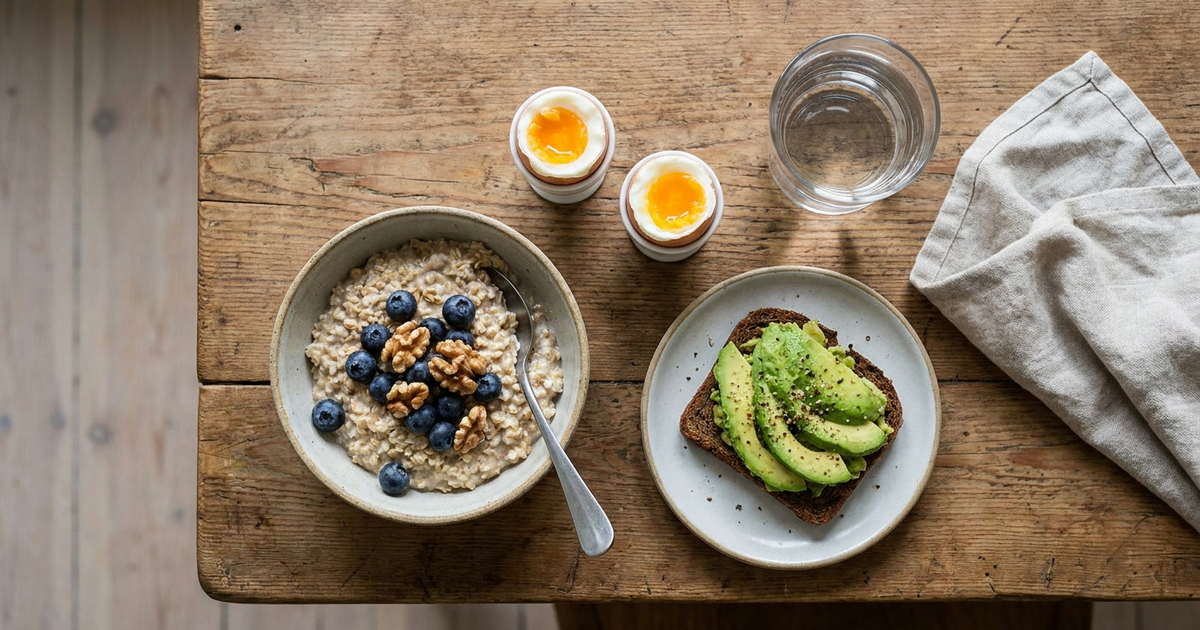 Healthy breakfast spread: oatmeal with blueberries and walnuts, avocado toast, two soft-boiled eggs, and a glass of water on a wooden table.