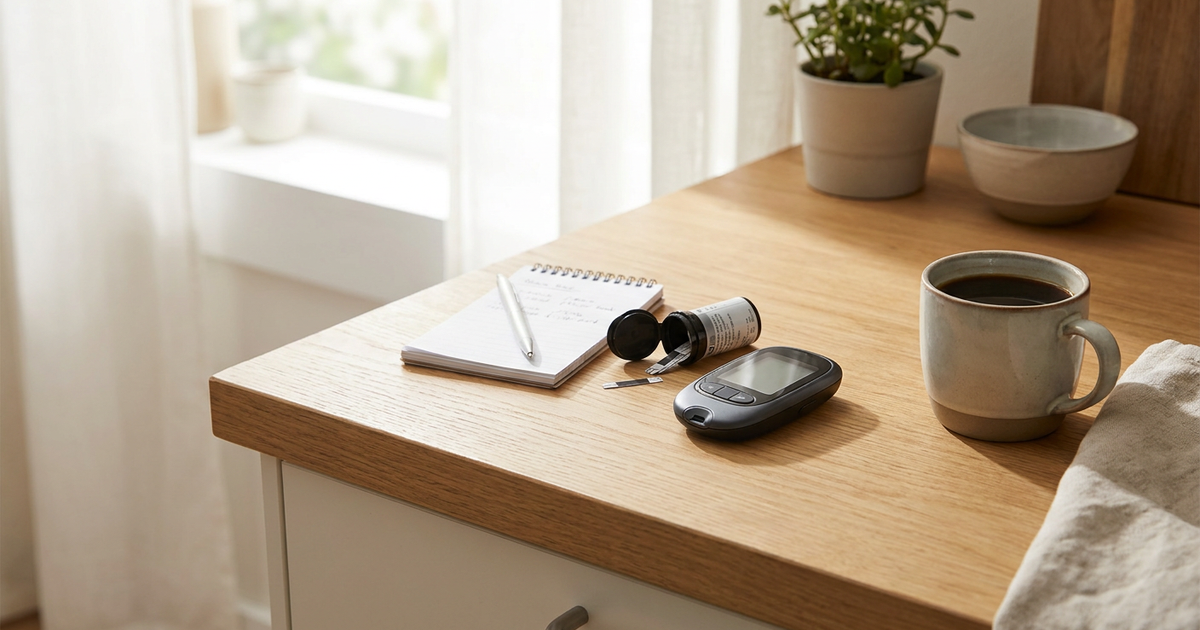 Glucose meter with test strips on a wooden desk beside a notebook, pen, coffee mug, and a plant in the background.