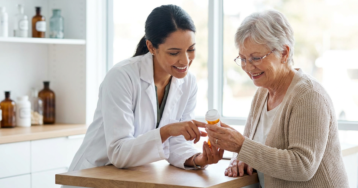 Female clinician in a white coat explains a prescription bottle to an elderly woman at a clinic counter with a smile.