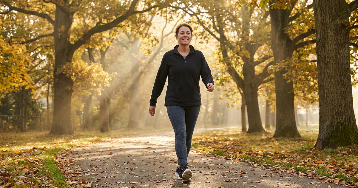 Middle-aged woman walking along a leaf-strewn path in a sunlit autumn park.