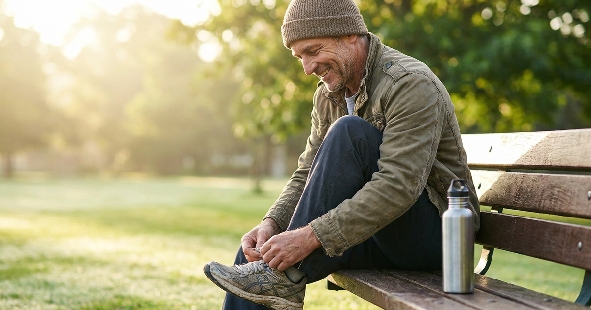 Man in a beanie ties his sneaker while sitting on a park bench, a metal water bottle nearby as sunlit greenery glows in the background.