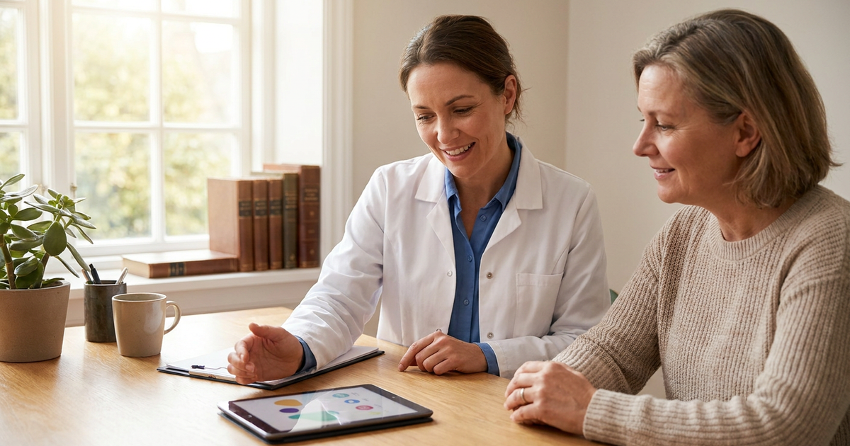 Female doctor in a white coat shows a tablet with charts to an older patient at a wooden table by a sunny window.