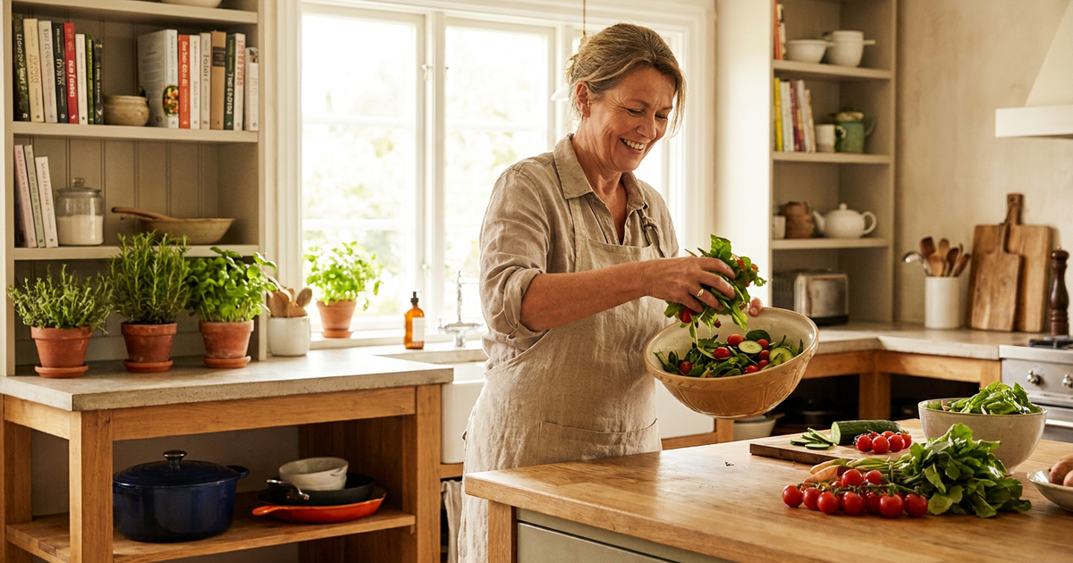 Woman in a light apron tossing greens into a large salad bowl in a sunny, organized kitchen.