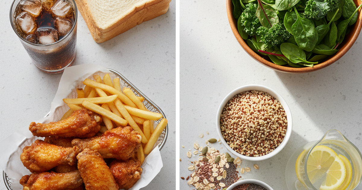 Split image: left side shows fried chicken wings with French fries and a glass of cola; right side shows a bowl of leafy greens, a small bowl of quinoa, scattered seeds, and a pitcher of lemon water.