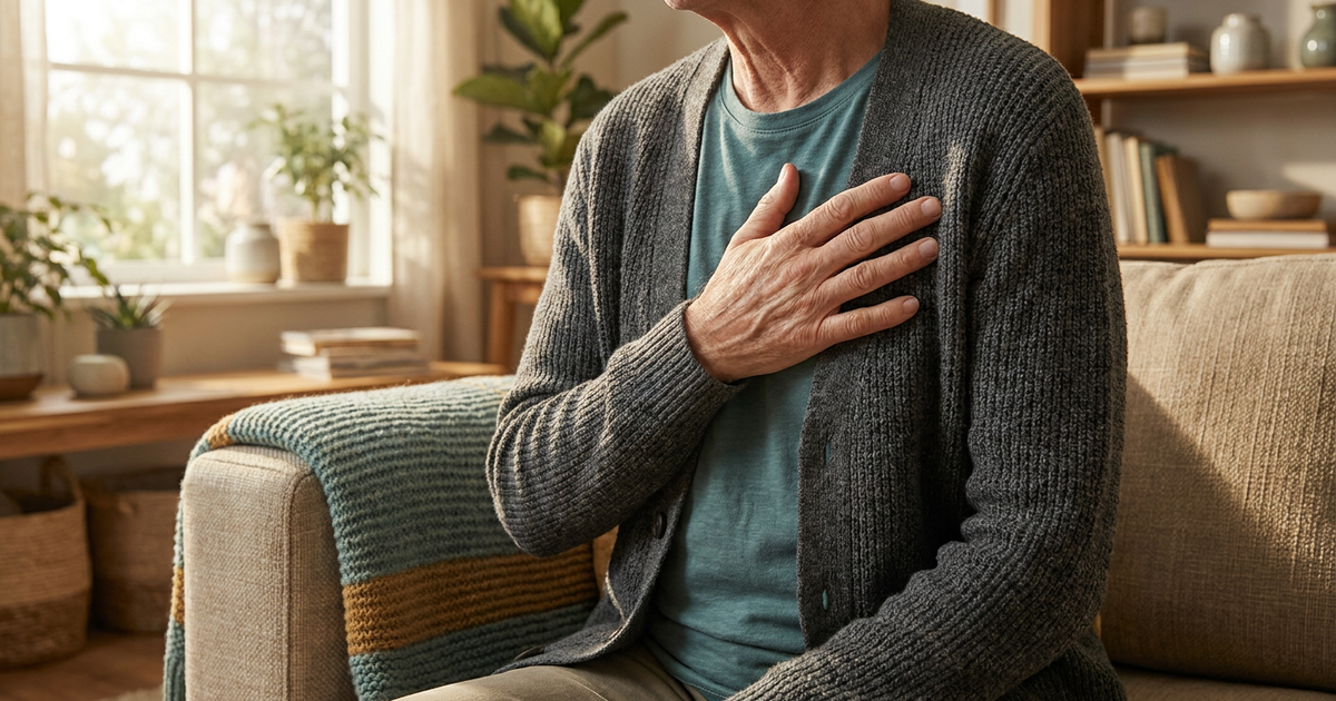 Older man sits on a sofa with one hand pressed to his chest, looking uncomfortable in a cozy living room.