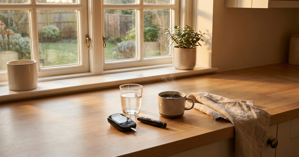 Sunlit kitchen counter by a window with a mug of coffee, a glass of water, a smartphone, a pen, a folded cloth, and a potted plant.