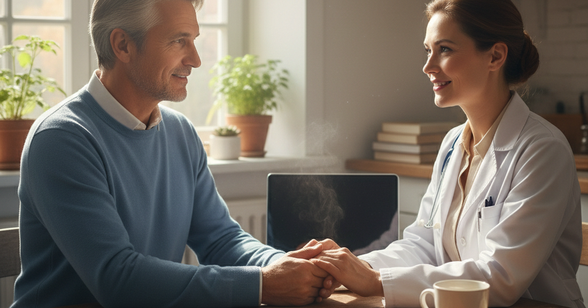 A doctor reassures a patient at a kitchen table as they discuss starting insulin, with an insulin pen on the table