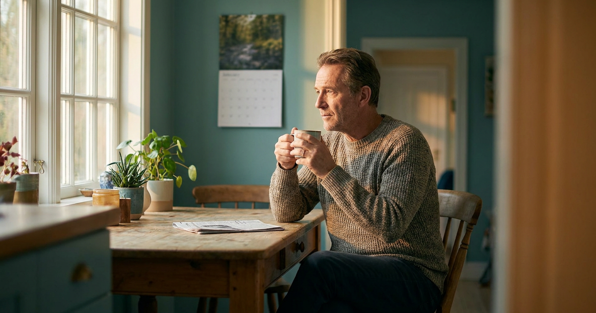 Middle-aged man sits at a wooden kitchen table by a sunlit window, holding a mug and gazing thoughtfully.